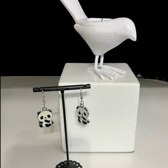Panda Dangle Drop Earrings Black White Hook Closure - Picture 3 of 5